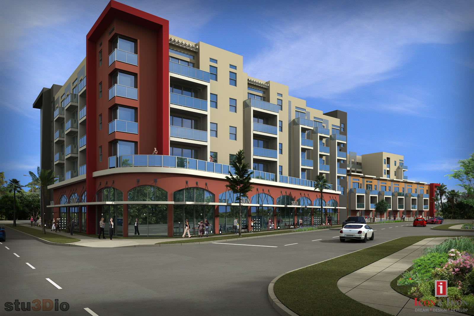 Color rendering of a mixed-use building with a red-framed corner volume