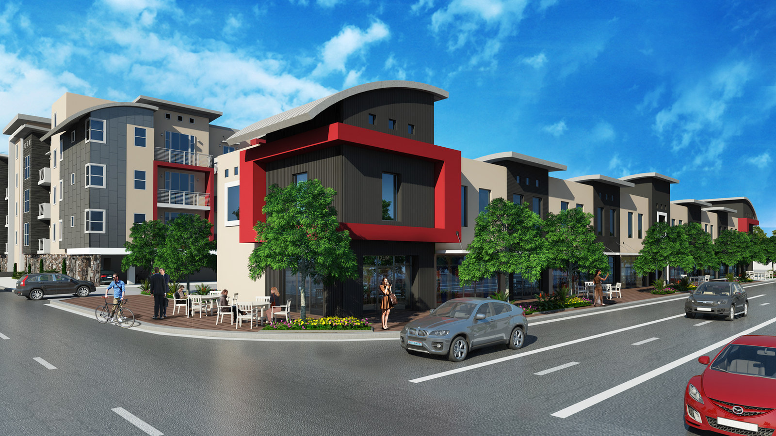 Color rendering of a multi-family building with curved roofs and red accents