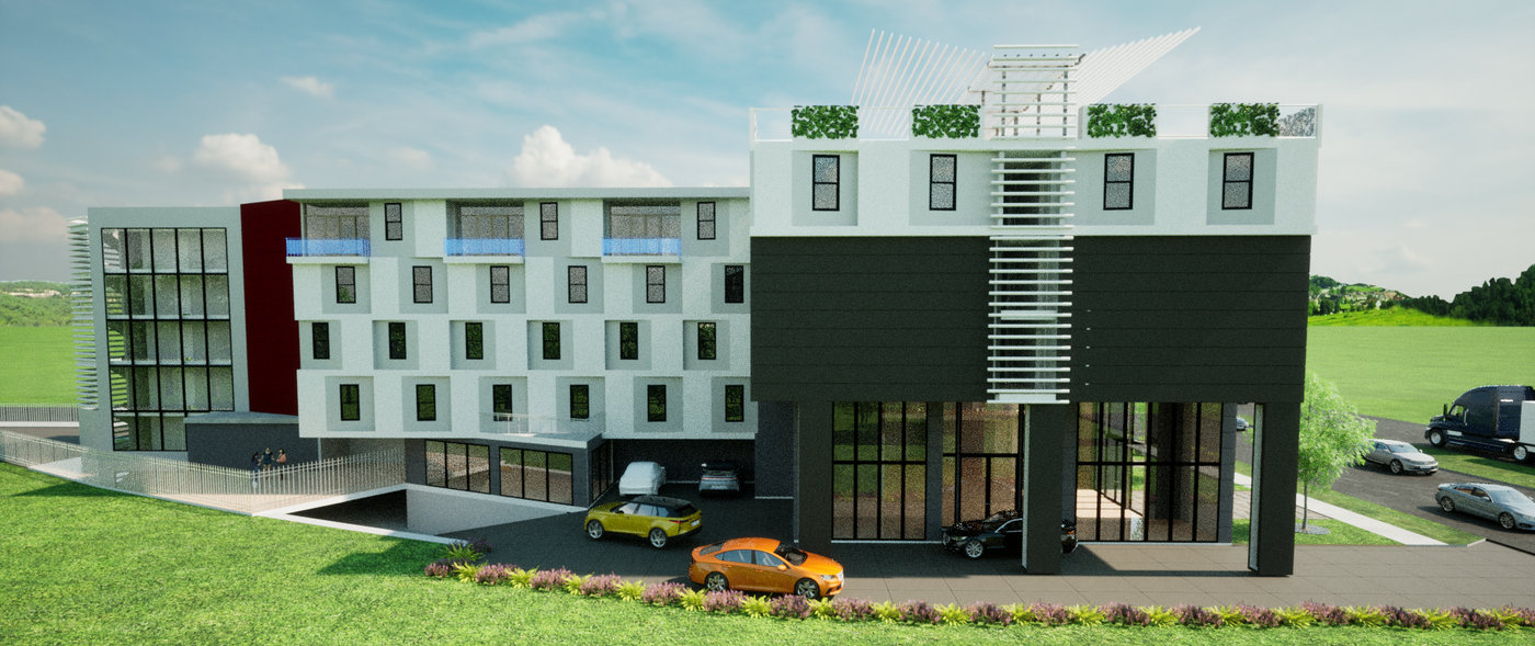Wide rendering of a modern mixed-use commercial building