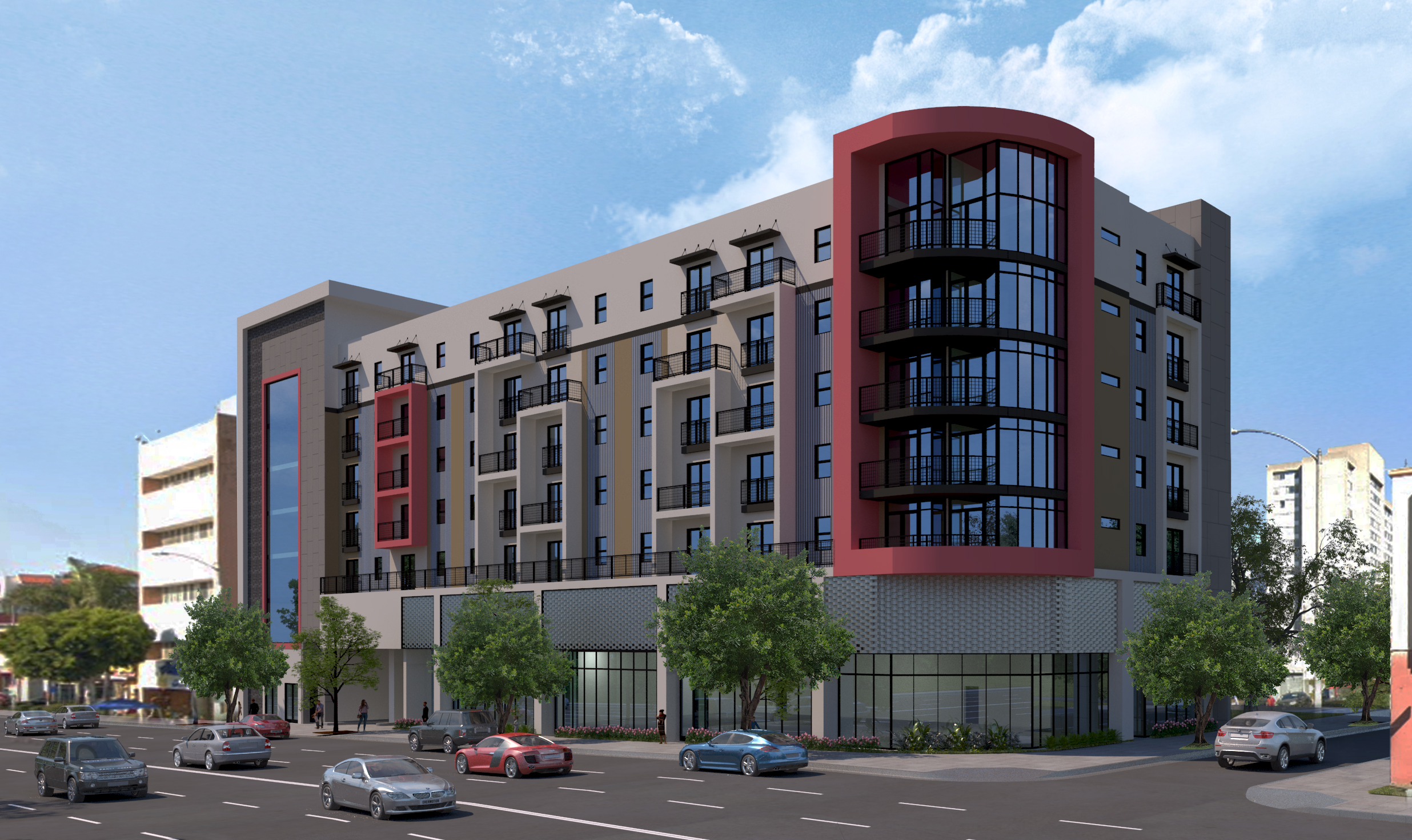 Rendering of a mixed-use apartment block with a red curved corner tower